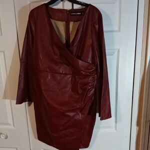 Burgundy Faux Leather Long-Sleeve Wrap Dress